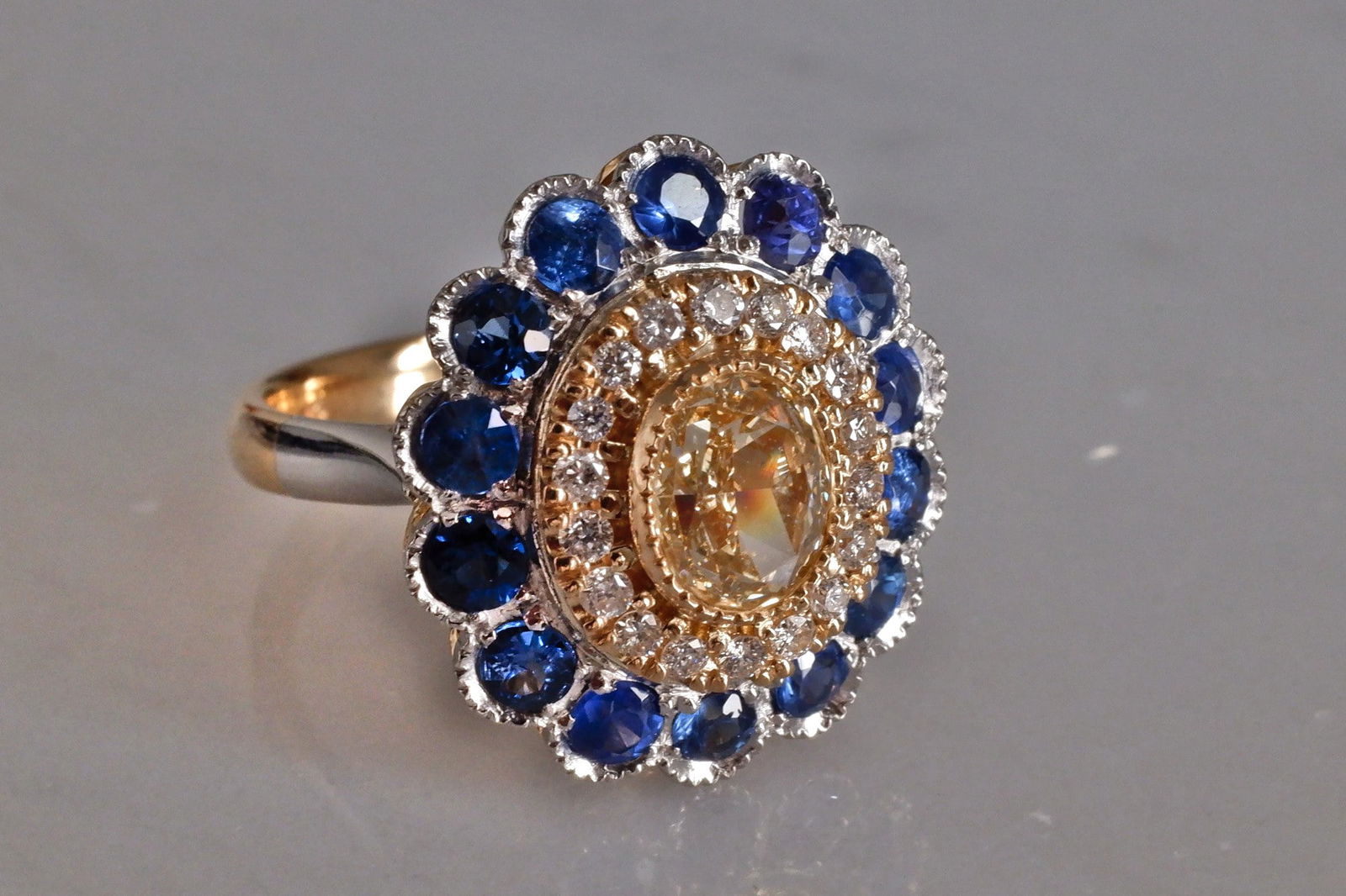 Diamond Sapphire Ring, double halo ring, sapphire double halo ring, blue sapphire diamond ring, sapphire cluster rings for sale, sapphire halo rings for sale, Gem Garderner