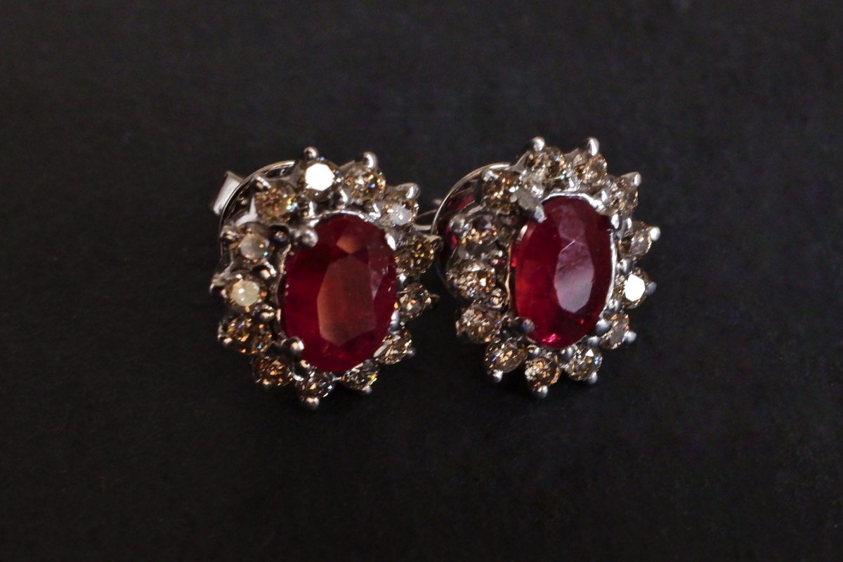 Dainty Red Ruby Diamond Stud Earrings 18k