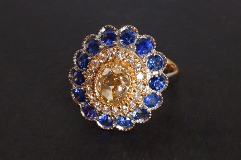 Diamond Sapphire Ring, double halo ring, sapphire double halo ring, blue sapphire diamond ring, sapphire cluster rings for sale, sapphire halo rings for sale, Gem Garderner