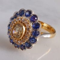 Diamond Sapphire Ring, Double Halo 'Peacock' 22k