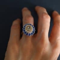 Diamond Sapphire Ring, double halo ring, sapphire double halo ring, blue sapphire diamond ring, sapphire cluster rings for sale, sapphire halo rings for sale, Gem Garderner