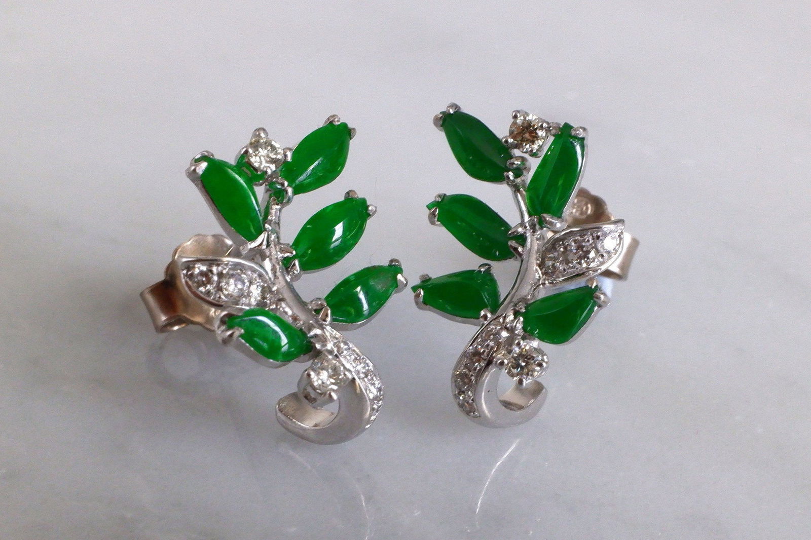 Gem Gardener, Imperial Jade Earrings, jadeite jade dangle earrings, jade drop earrings white gold, green jade leaf earrings, art nouveau jade summer, apple green jade earrings, jade earrings singapore