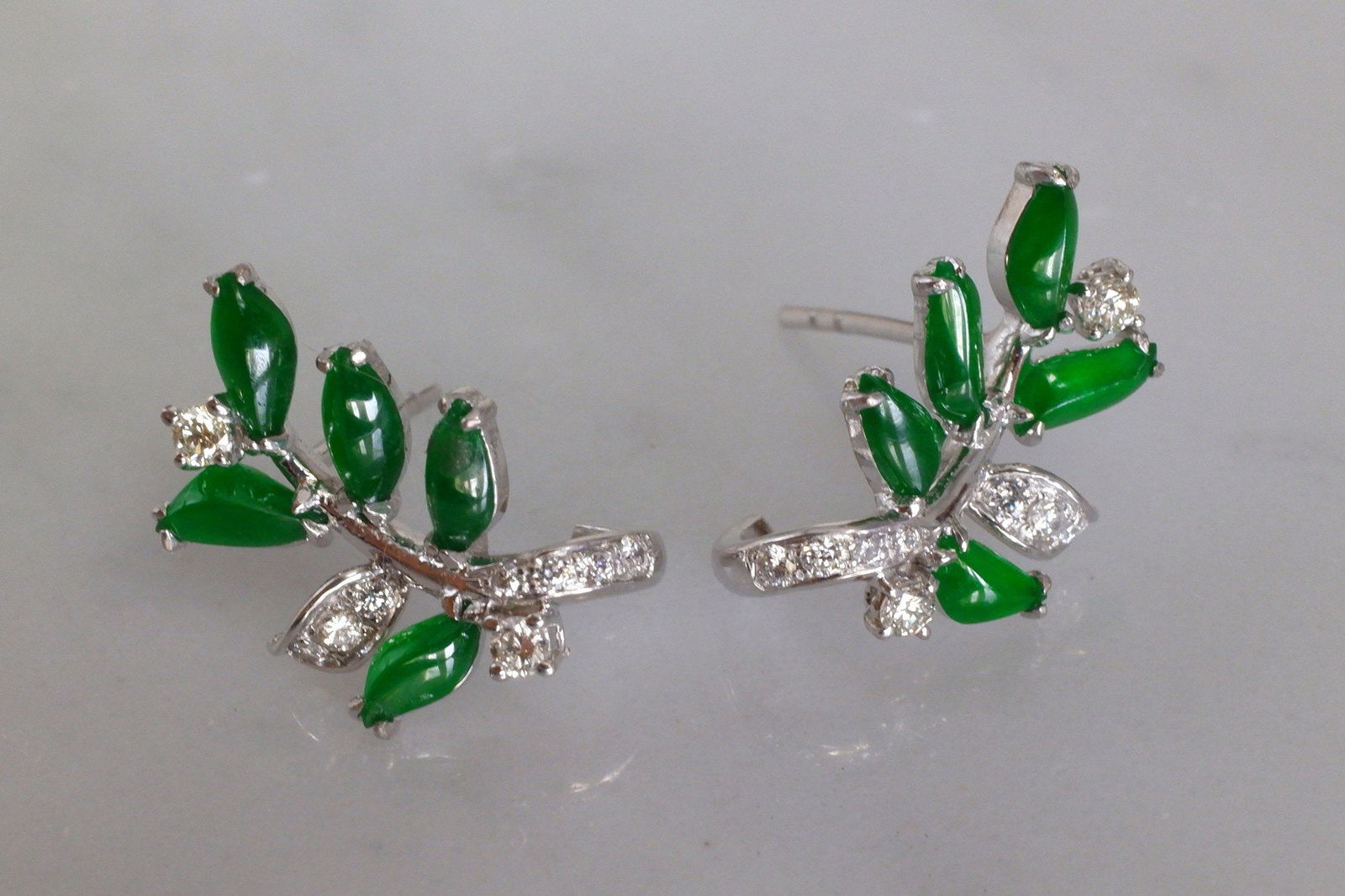 Gem Gardener, Imperial Jade Earrings, jadeite jade dangle earrings, jade drop earrings white gold, green jade leaf earrings, art nouveau jade summer, apple green jade earrings, jade earrings singapore