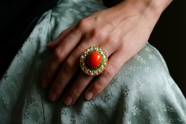 Red Coral Statement Ring, Gem Gardener, Coral Diamond Cocktail Ring, statement rings singapore, cocktail ring singapore, 22k cocktail ring, big coral diamond ring, big antique coral ring, rose cut diamond ring, coral jewellery singapore