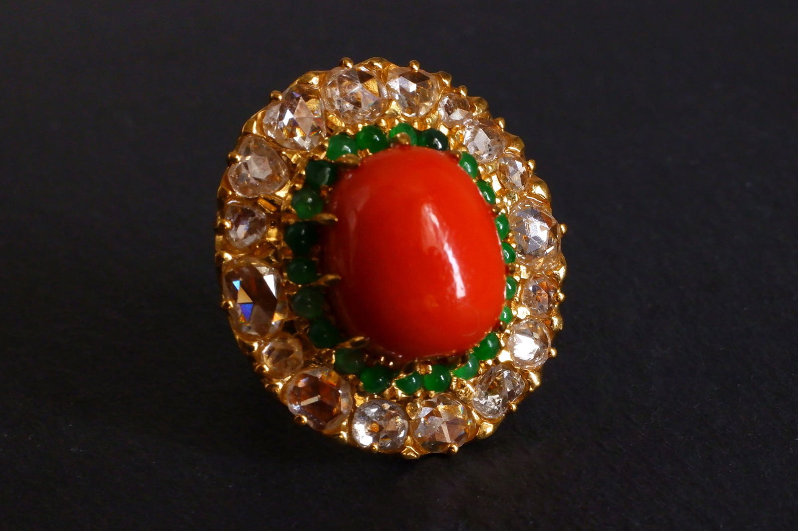 Gem Gardener, Coral Diamond Cocktail Ring, statement rings singapore, cocktail ring singapore, 22k cocktail ring, big coral diamond ring, big antique coral ring, rose cut diamond ring, coral jewellery singapore