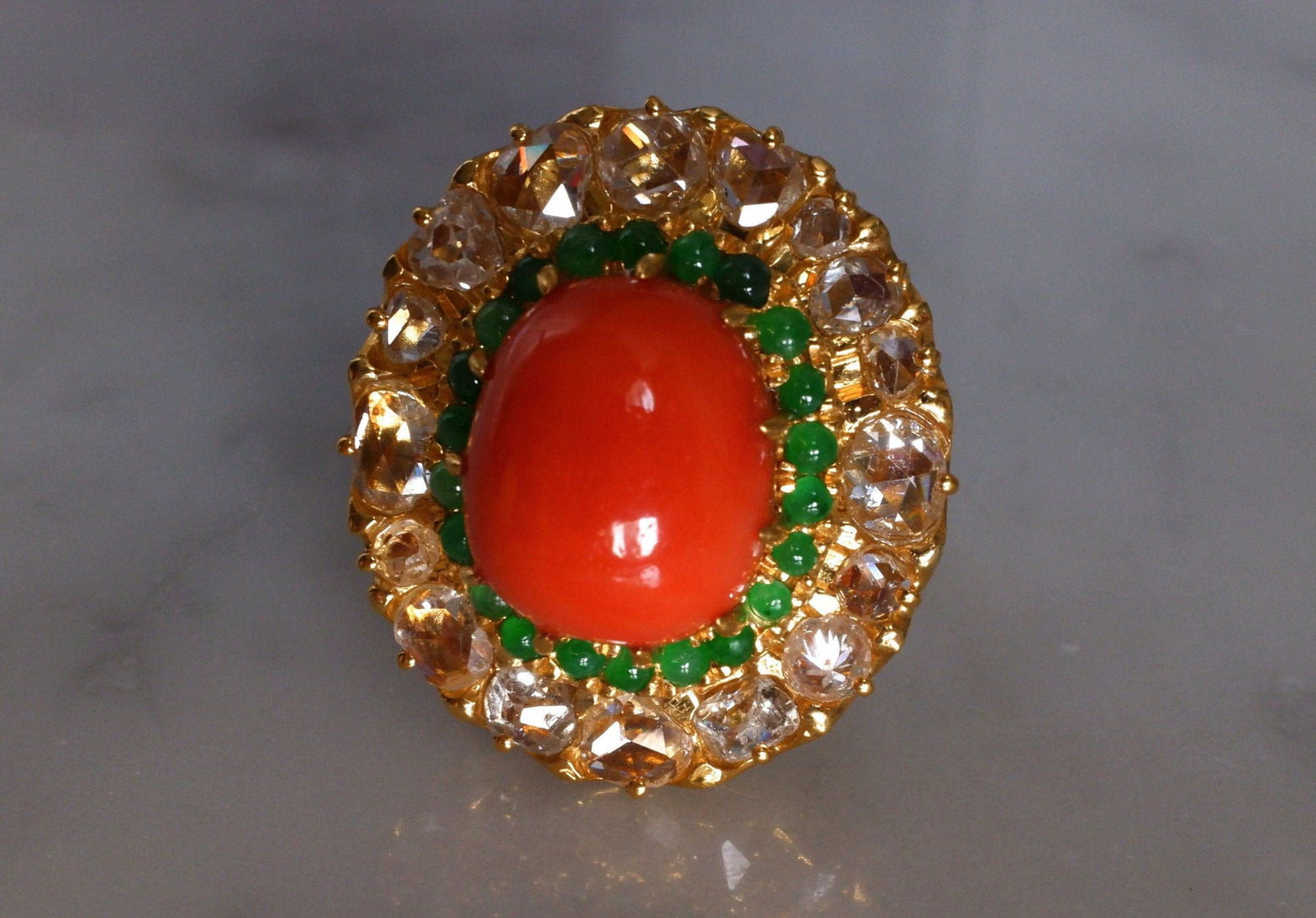Red Coral Statement Ring, Gem Gardener, Coral Diamond Cocktail Ring, statement rings singapore, cocktail ring singapore, 22k cocktail ring, big coral diamond ring, big antique coral ring, rose cut diamond ring, coral jewellery singapore