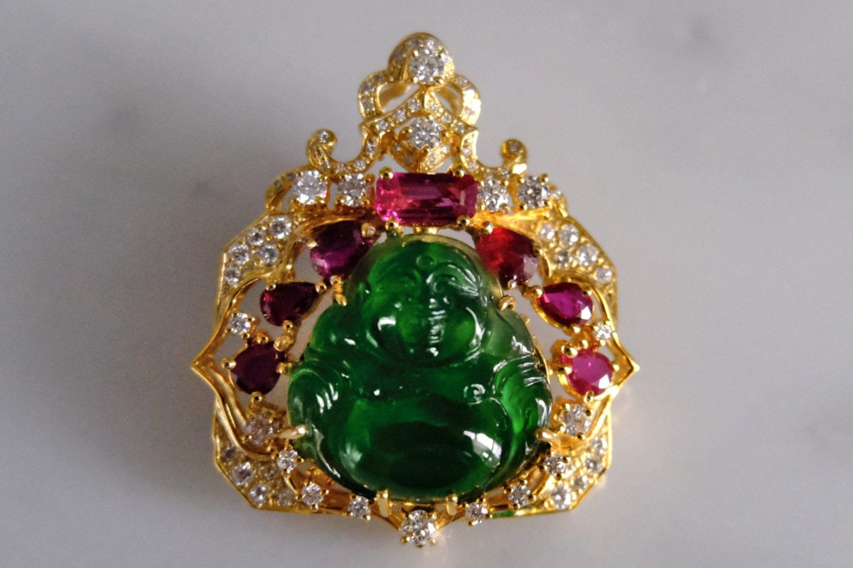Imperial Jadeite Laughing Buddha Pendant 18k Ruby Diamond