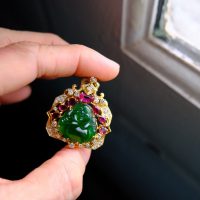 Imperial Jadeite Laughing Buddha Pendant 18k Ruby Diamond