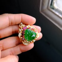 Imperial Jadeite Laughing Buddha Pendant 18k Ruby Diamond