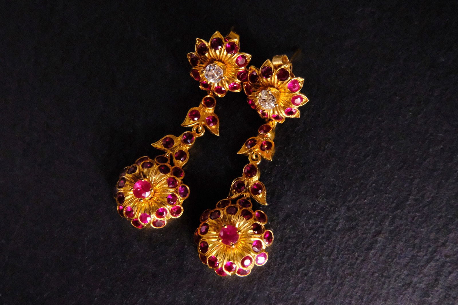 Gem Gardener, burmese ruby gold earrings, ruby gold dangling earrings, red ruby earrings dangling, red ruby earrings singapore, antique ruby drop earrings