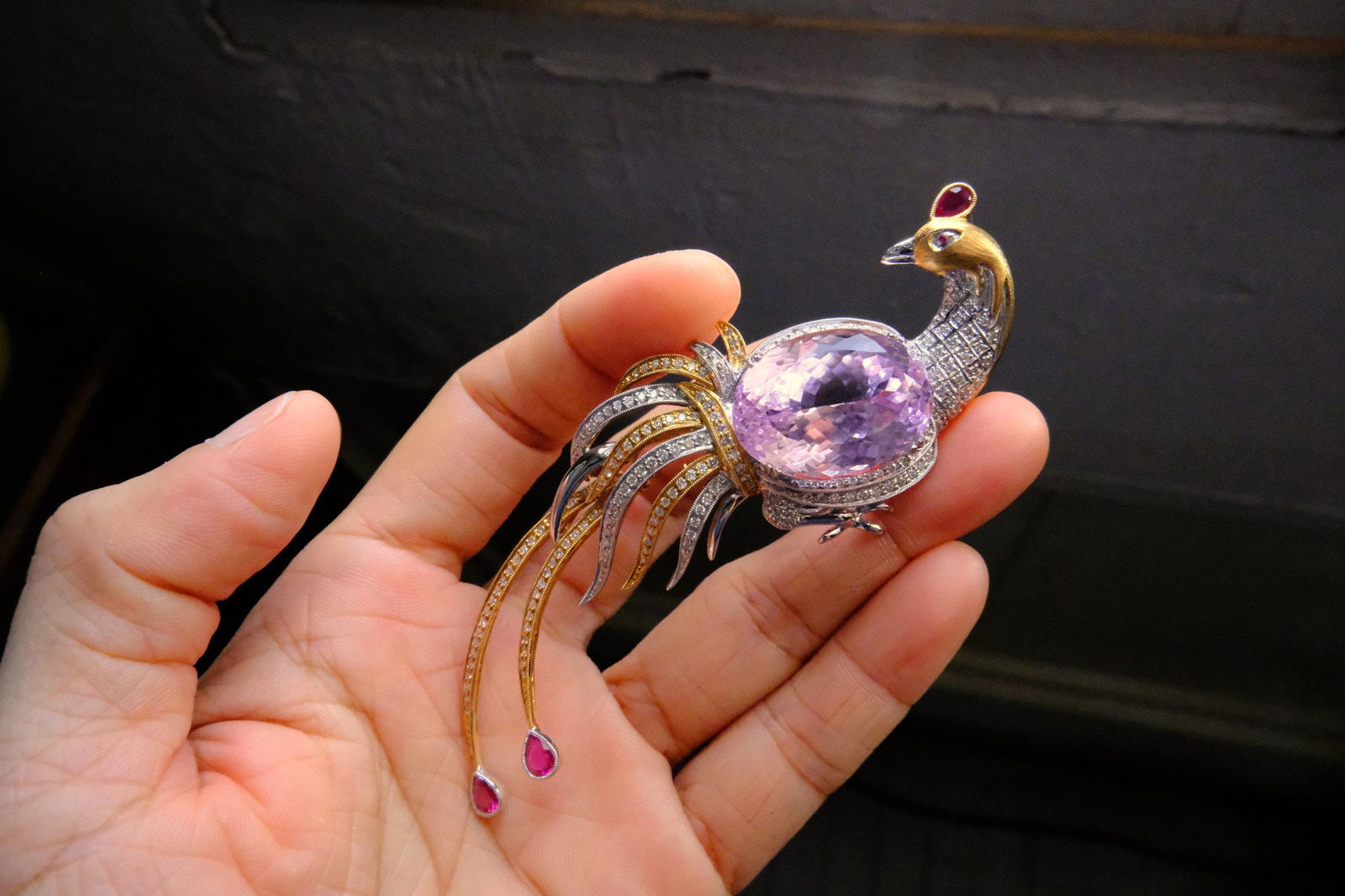 35ct Kunzite Peacock Brooch Pin 18k Gem Gardener