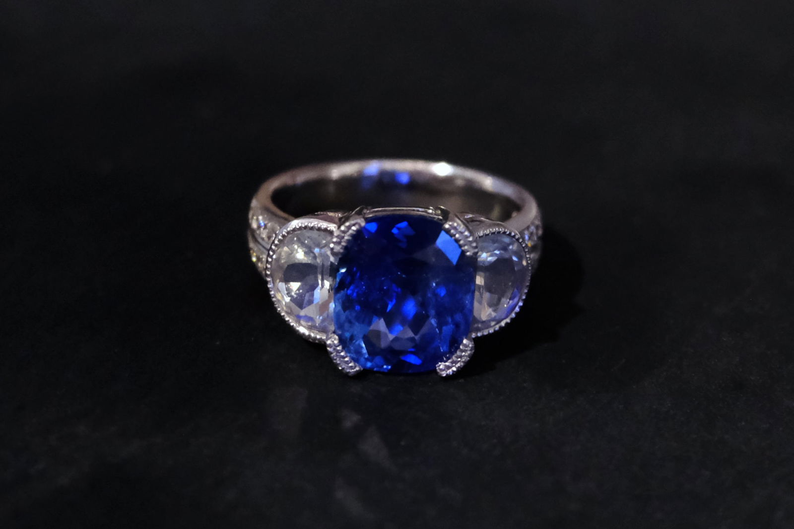 Gem Gardener, cornflower blue sapphire ring, blue sapphire moonstone ring, three stone ring, three stone ring with wedding band, unheated blue sapphire ring, blue sapphire ring singapore