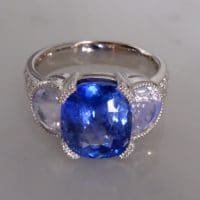 Gem Gardener, cornflower blue sapphire ring, blue sapphire moonstone ring, three stone ring, three stone ring with wedding band, unheated blue sapphire ring, blue sapphire ring singapore