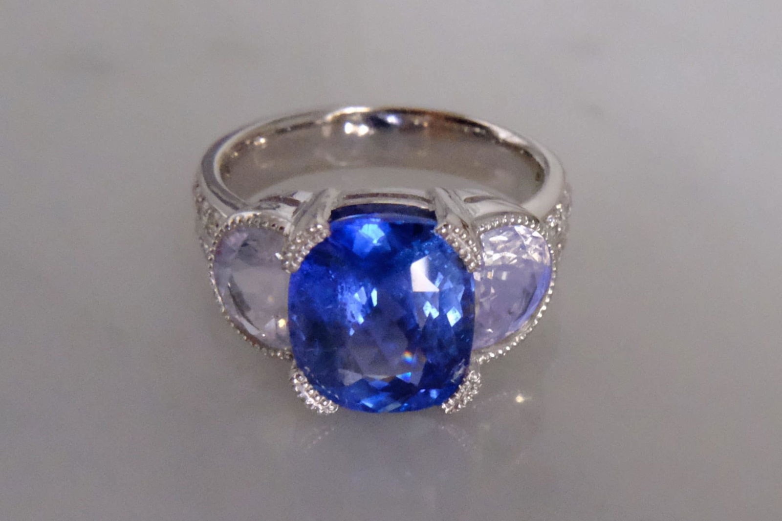 Gem Gardener, cornflower blue sapphire ring, blue sapphire moonstone ring, three stone ring, three stone ring with wedding band, unheated blue sapphire ring, blue sapphire ring singapore