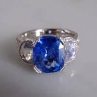 Gem Gardener, cornflower blue sapphire ring, blue sapphire moonstone ring, three stone ring, three stone ring with wedding band, unheated blue sapphire ring, blue sapphire ring singapore