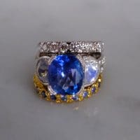 Gem Gardener, cornflower blue sapphire ring, blue sapphire moonstone ring, three stone ring, three stone ring with wedding band, unheated blue sapphire ring, blue sapphire ring singapore