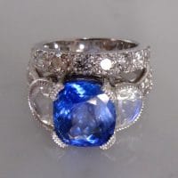 Gem Gardener, cornflower blue sapphire ring, blue sapphire moonstone ring, three stone ring, three stone ring with wedding band, unheated blue sapphire ring, blue sapphire ring singapore