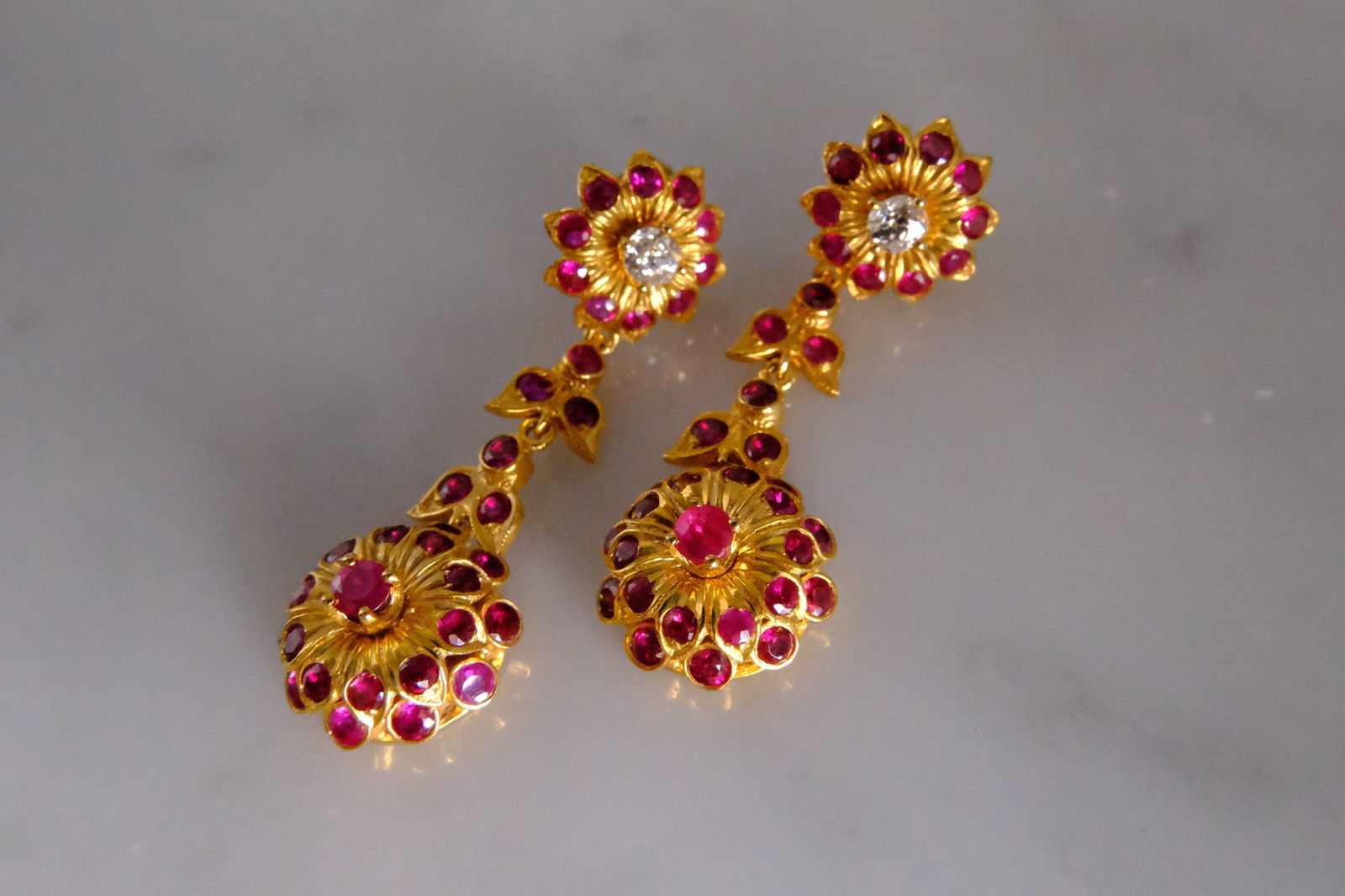 Gem Gardener, burmese ruby gold earrings, ruby gold dangling earrings, red ruby earrings dangling, red ruby earrings singapore, antique ruby drop earrings