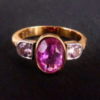 Gem Gardener, pink sapphire three stone ring, three stone yellow gold engagement rings, pink sapphire engagement rings rose gold
