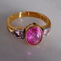 Gem Gardener, pink sapphire three stone ring, three stone yellow gold engagement rings, pink sapphire engagement rings rose gold