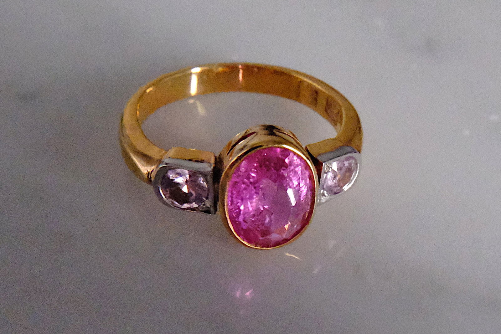 Gem Gardener, pink sapphire three stone ring, three stone yellow gold engagement rings, pink sapphire engagement rings rose gold