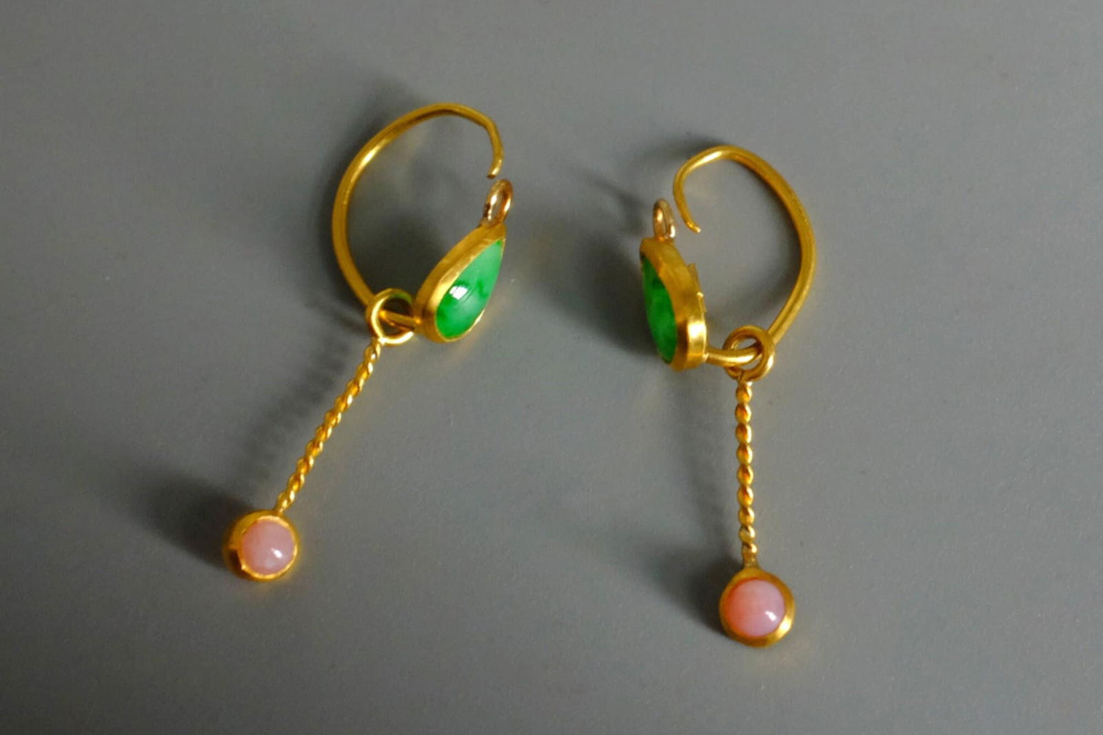 Gem Gardener, ancient earrings, ancient roman gold earrings, roman style earrings, roman style gold jewelry, jade and opal earrings