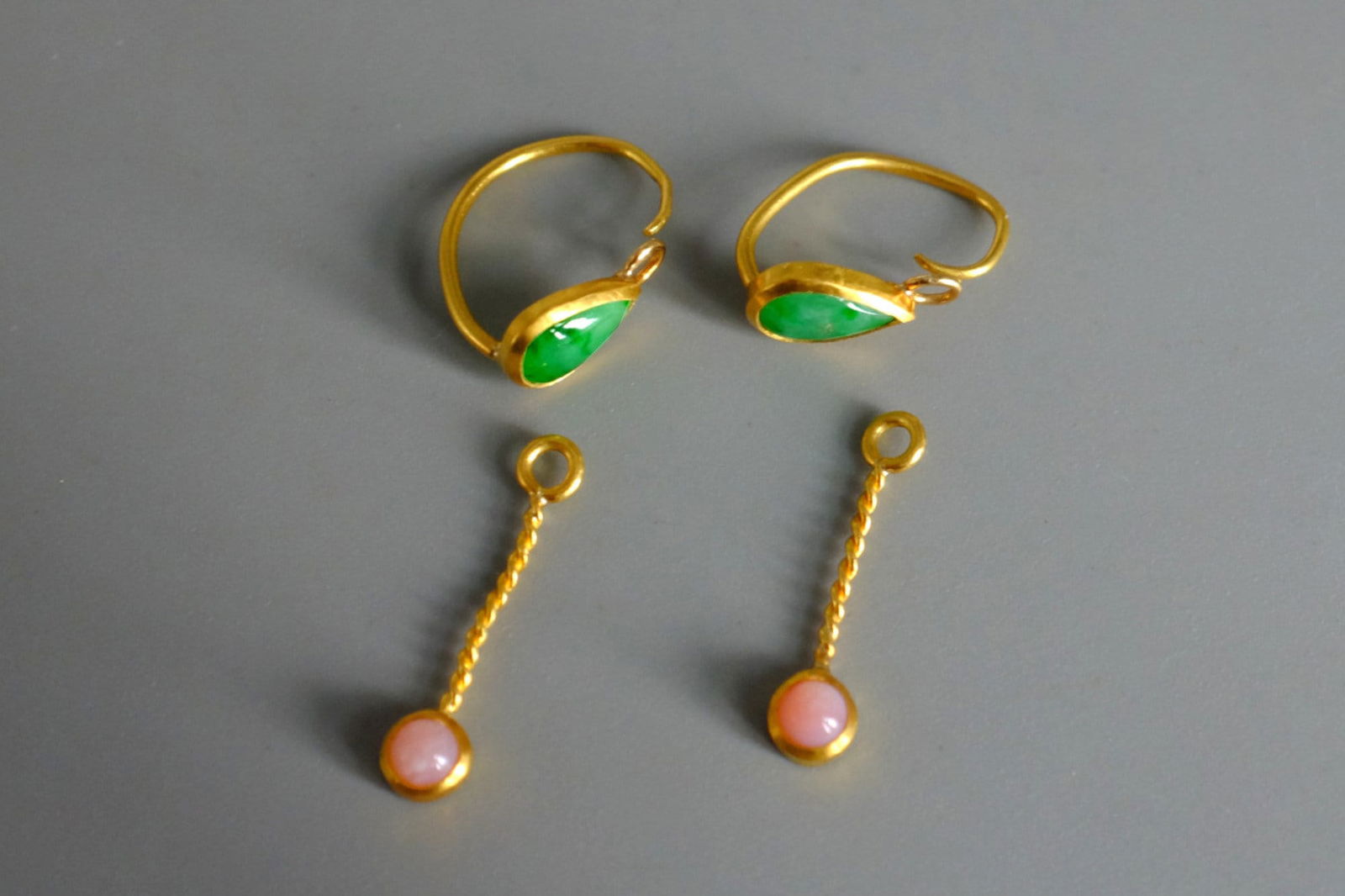 Gem Gardener, ancient earrings, ancient roman gold earrings, roman style earrings, roman style gold jewelry, jade and opal earrings