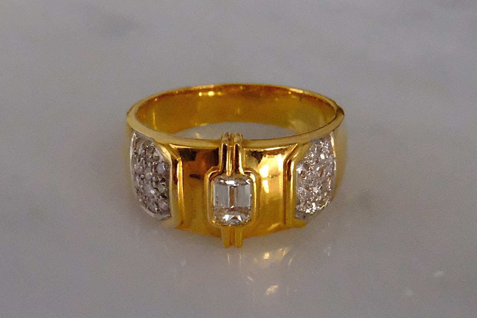 Heraldic Emerald Cut Diamond Mens Band Ring 20k | Gem Gardener