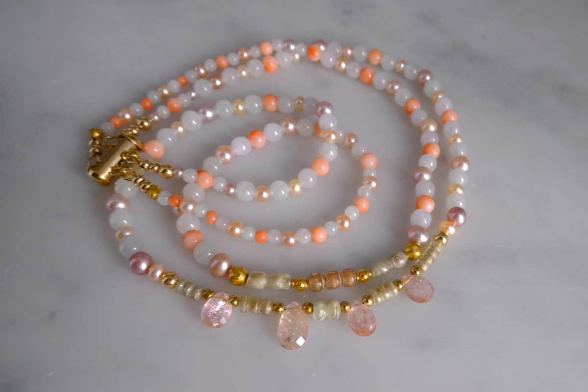 Gem Gardener, pearl coral jade necklace, double strand choker necklace, dainty choker necklace gold, dainty beaded choker necklace, dainty pearl choker necklace, beaded necklace gold, beaded necklace singapore, fine jewelry beaded necklace