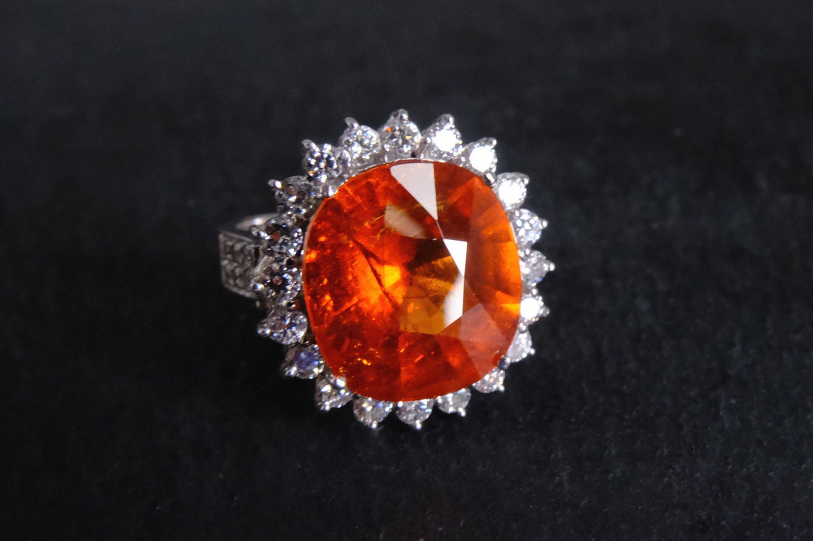 Gem Gardener, orange spessartite garnet ring, red orange garnet ring, halo ring orange, big orange stone ring, garnet halo diamond ring
