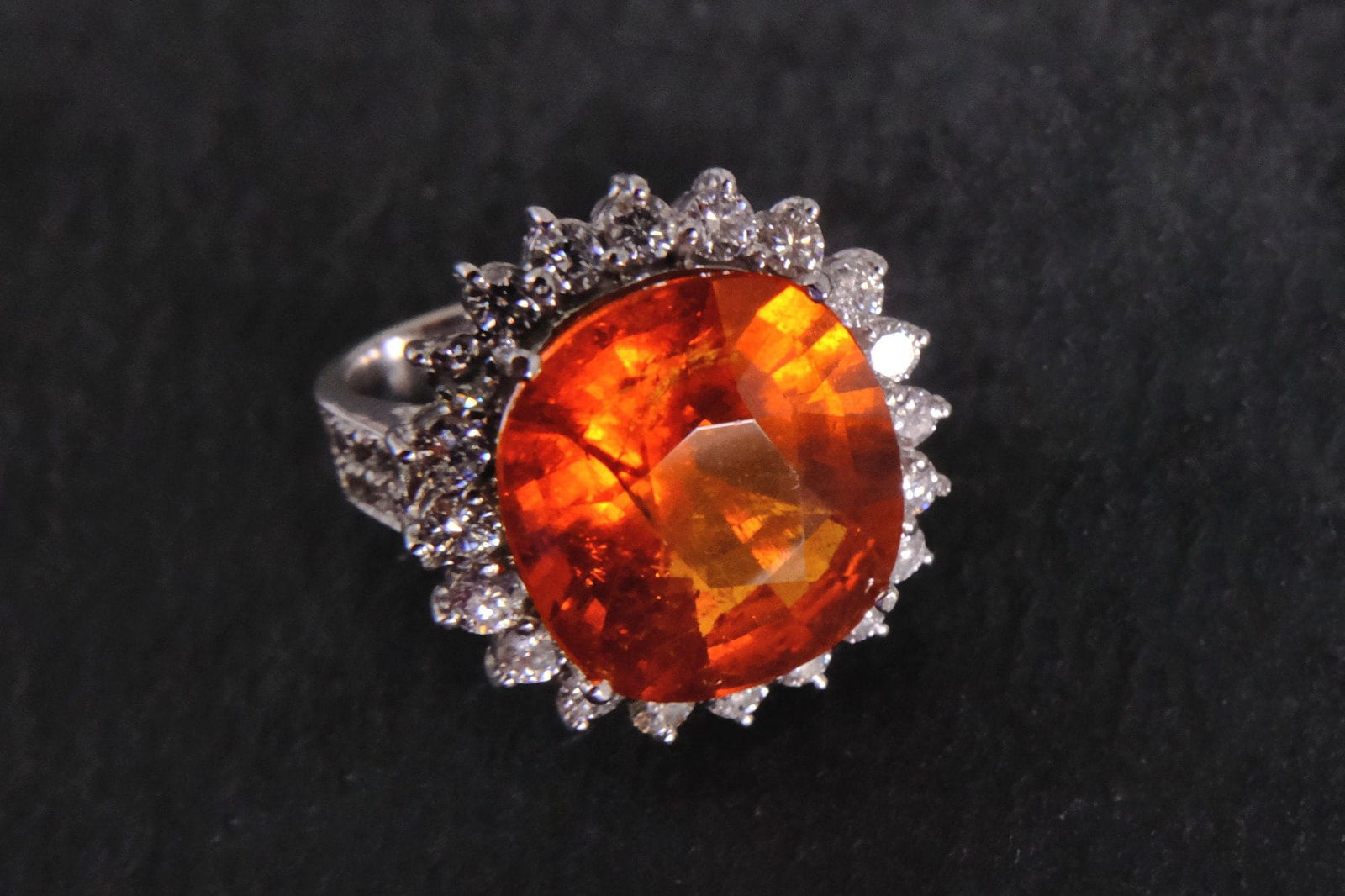 Gem Gardener, orange spessartite garnet ring, red orange garnet ring, halo ring orange, big orange stone ring, garnet halo diamond ring
