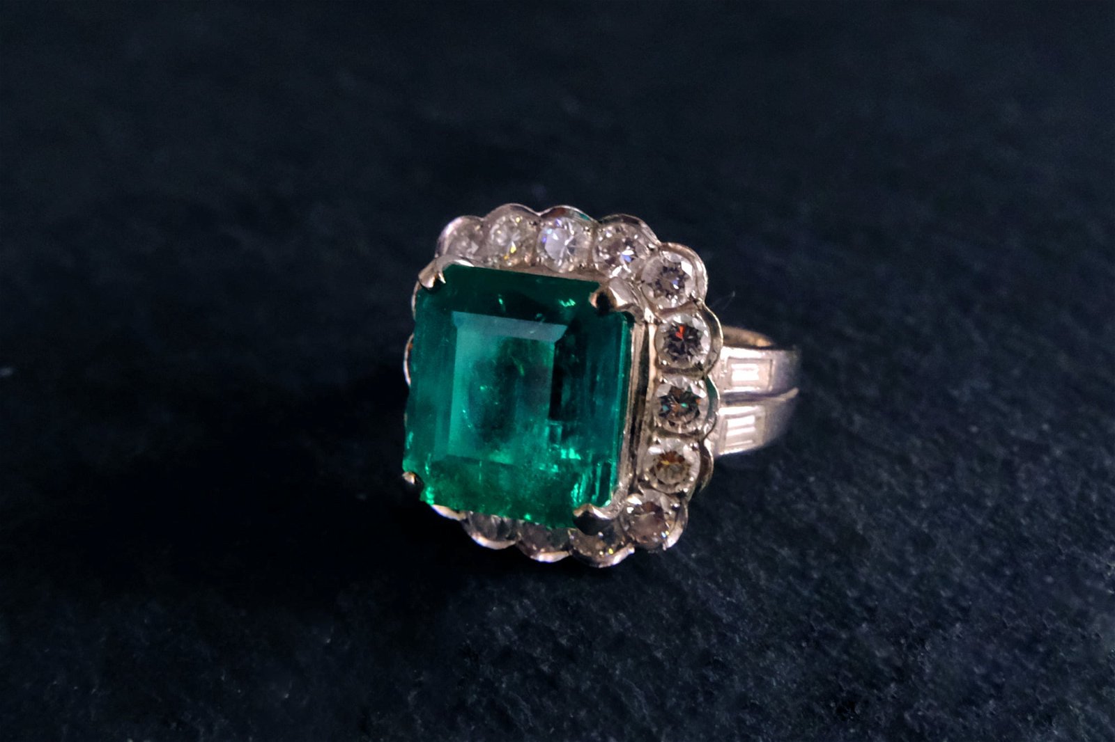 7ct Antique Emerald Halo Diamond Ring | Gem Gardener