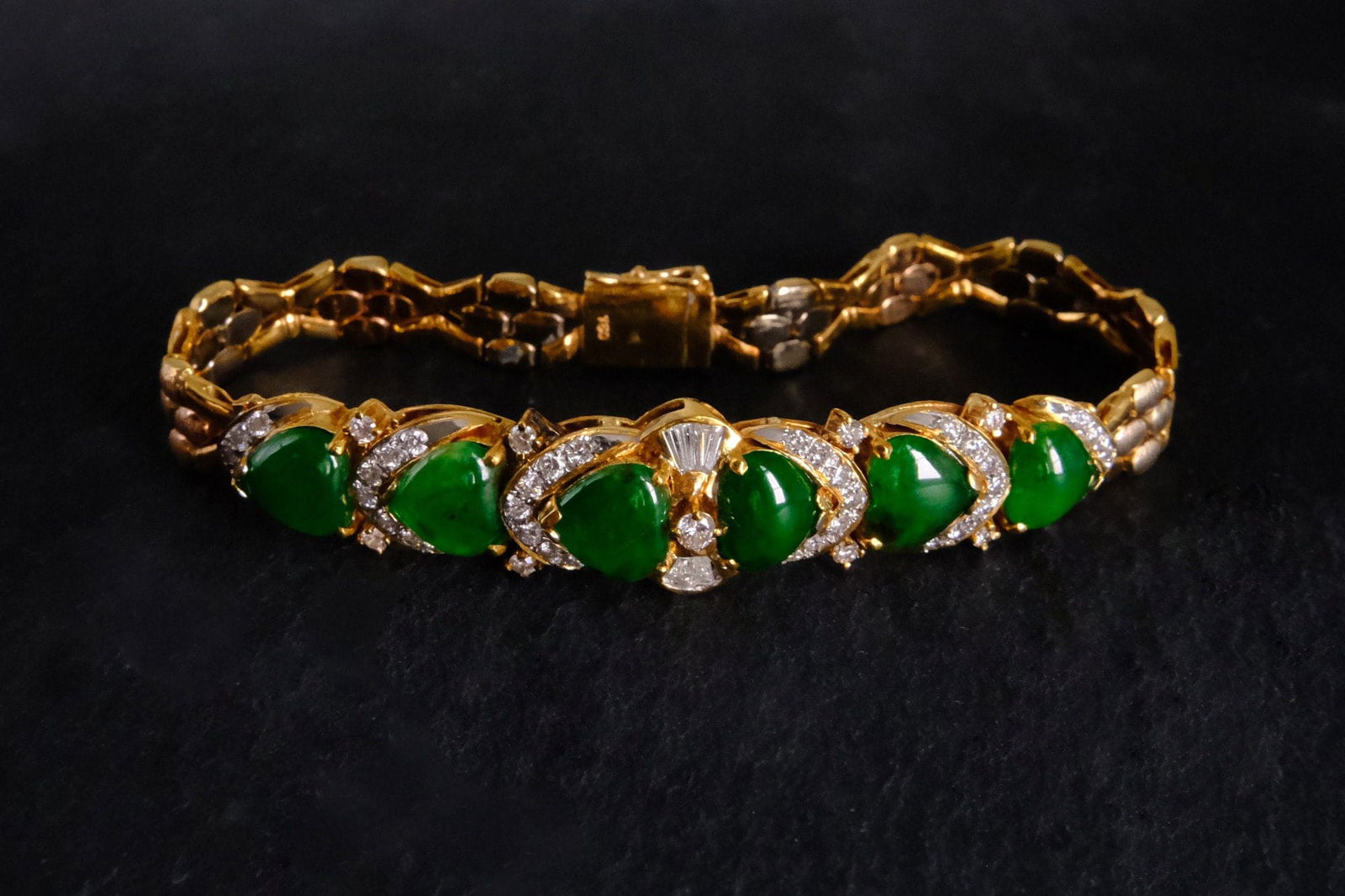 Gem Gardener, Vintage Chinese Jade Bracelet, art deco jade bracelet, vintage jade jewelry for sale, jade and diamond bracelet, jade jewellery singapore, vintage gold bracelets for sale