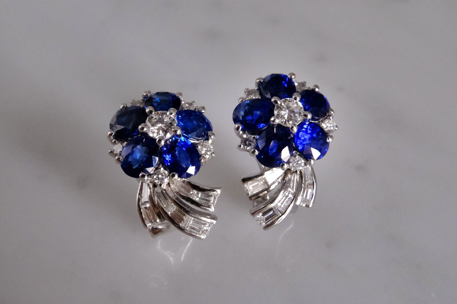 Gem Gardener, royal blue sapphire earrings, blue sapphire earrings singapore, sapphire earrings flower, sapphire diamond flower earrings, blue sapphire flower earrings white gold