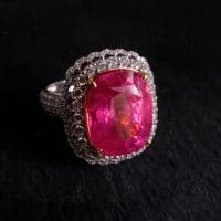 Gem Gardener, pink spinel ring, hot pink spinel, neon pink spinel, spinel ring singapore, spinel diamond halo ring