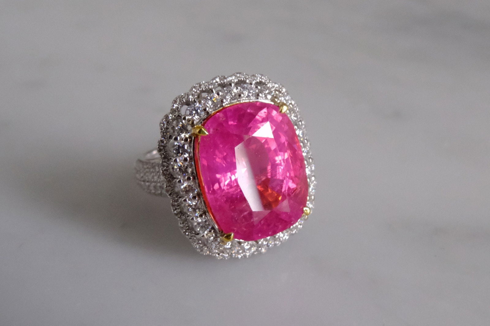 Gem Gardener, hot pink spinel ring, pink spinel ring, hot pink spinel, neon pink spinel, spinel ring singapore, spinel diamond halo ring