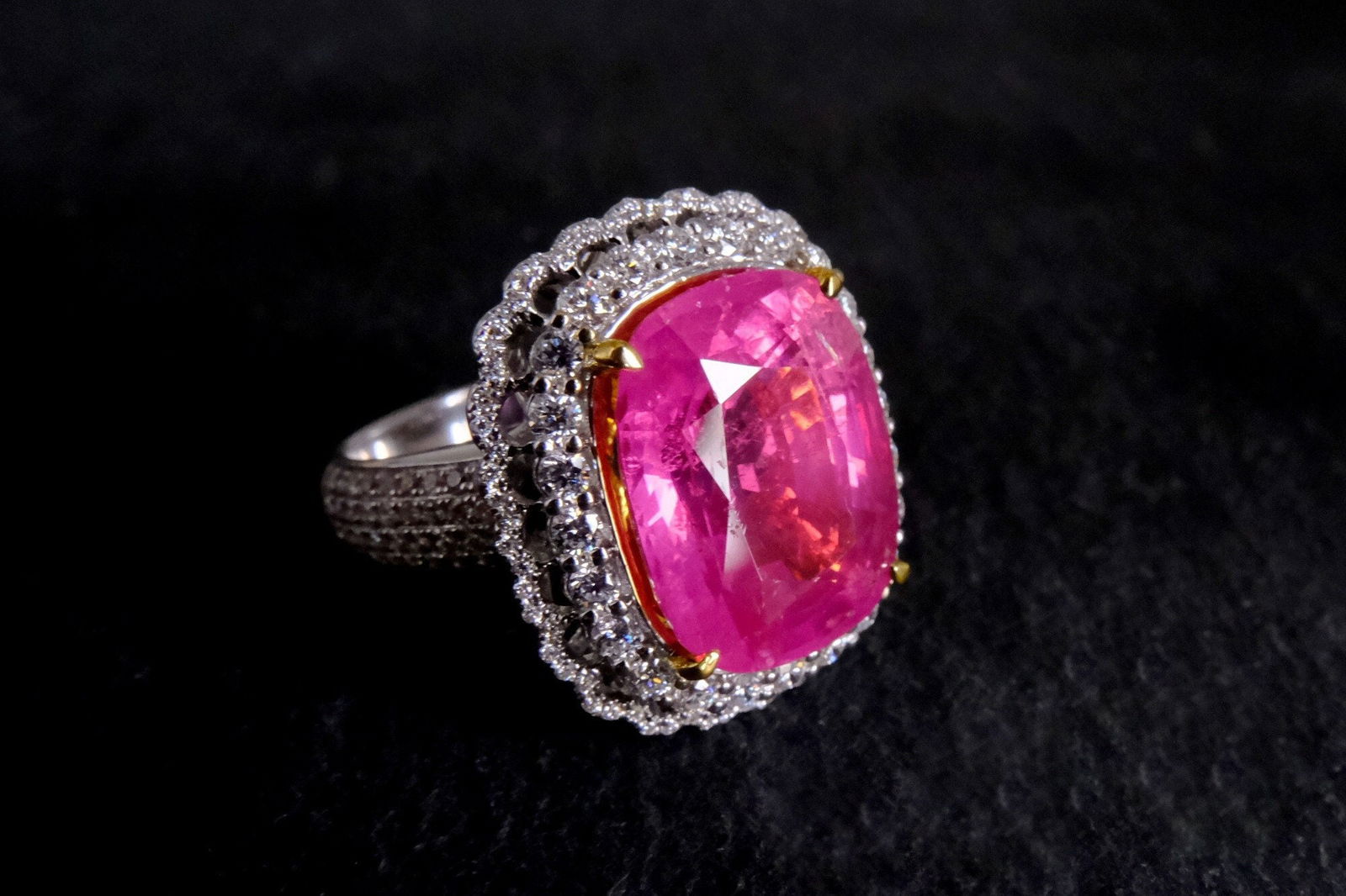 Gem Gardener, hot pink spinel ring, pink spinel ring, hot pink spinel, neon pink spinel, spinel ring singapore, spinel diamond halo ring