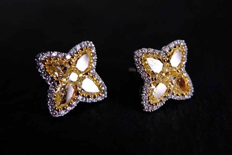 Gem Gardener, yellow diamond clover earrings, fancy yellow diamond stud earrings, diamond cluster clover stud earrings, diamond stud earrings singapore, clover shaped diamond earrings, fancy yellow diamond studs