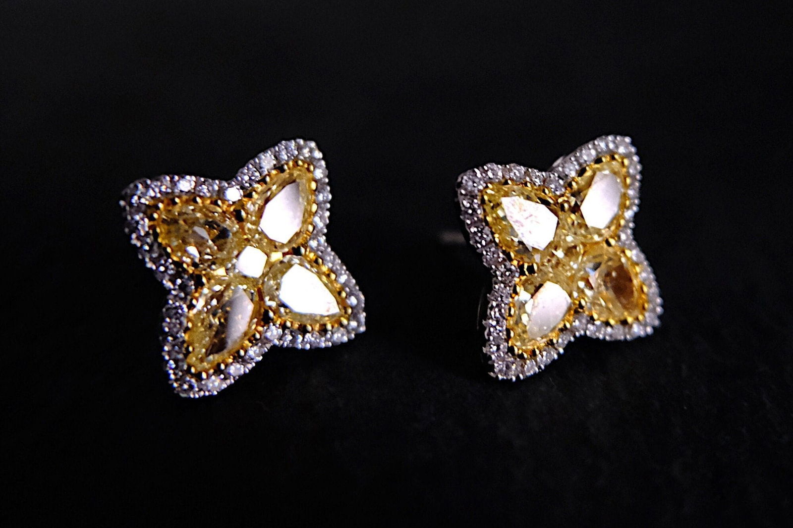 Gem Gardener, yellow diamond clover earrings, fancy yellow diamond stud earrings, diamond cluster clover stud earrings, diamond stud earrings singapore, clover shaped diamond earrings, fancy yellow diamond studs