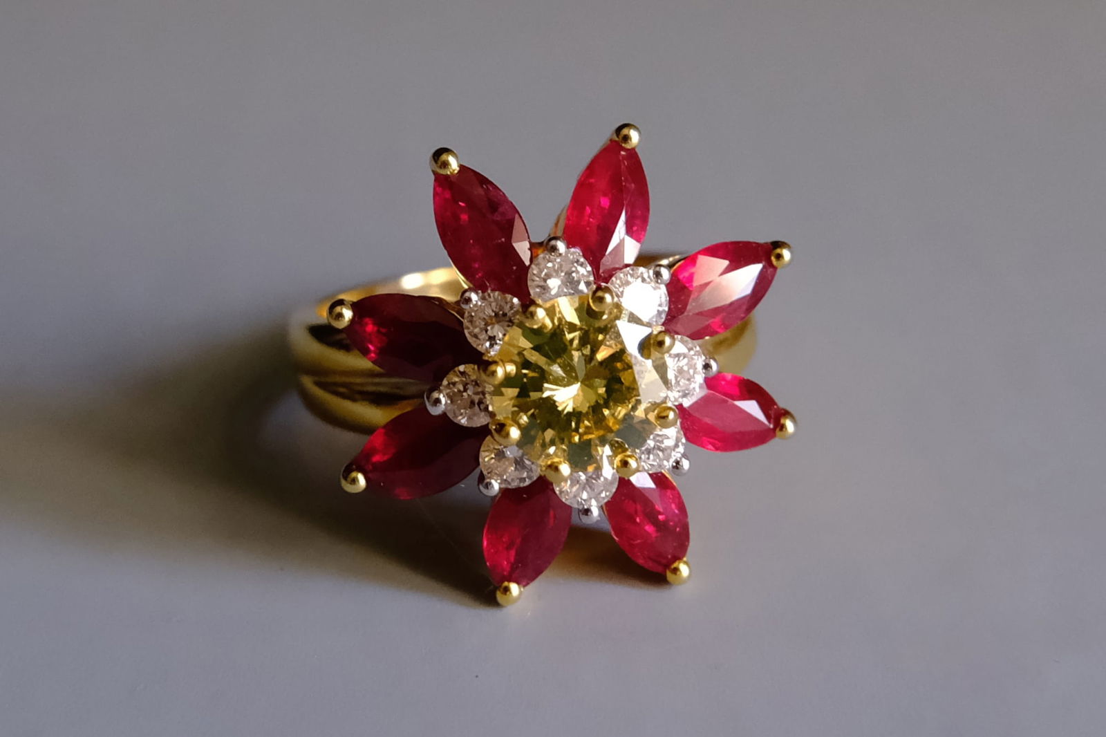 ruby flower ring, Yellow Diamond Flower Ring, Marquise Flower Ring, diamond flower ring yellow gold, ruby jewellery singapore, ruby cluster ring yellow gold, ruby rings for women, ruby engagement rings singapore.