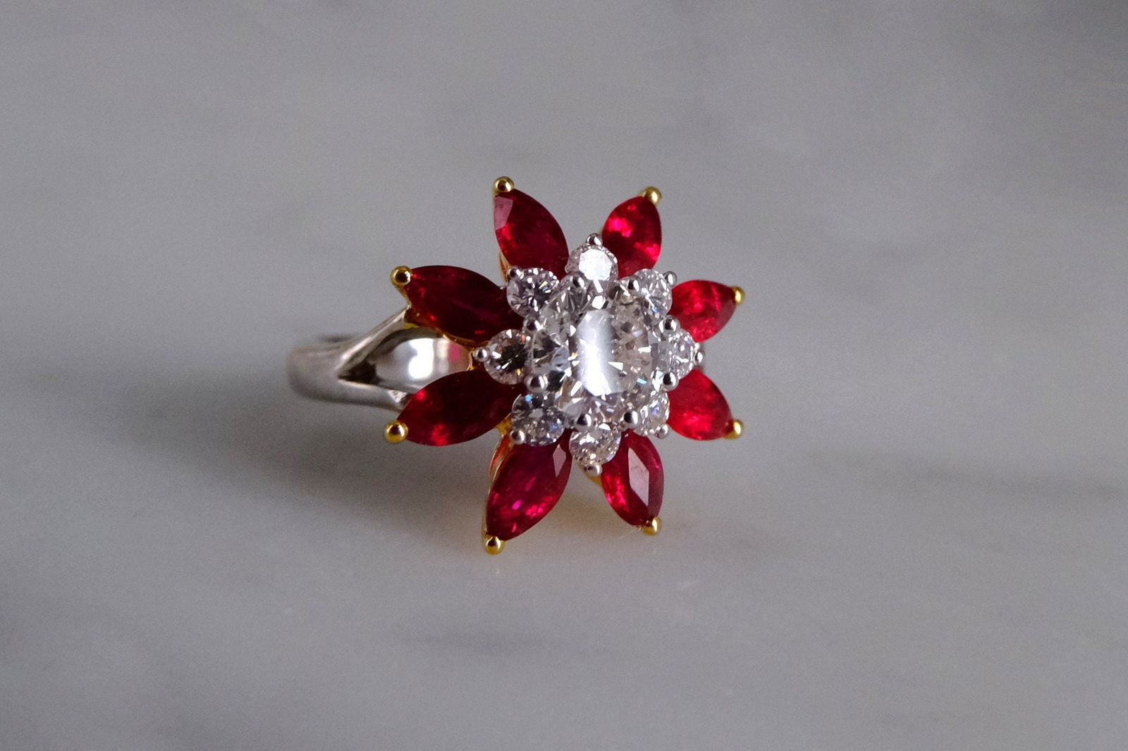 Gem Gardener, Ruby Diamond Flower Ring, ruby flower ring white gold, ruby diamond engagement ring, ruby ring singapore, red ruby ring singapore