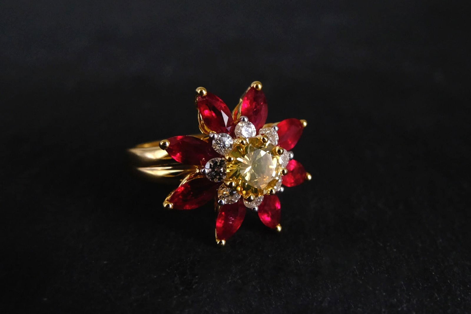 ruby flower ring, Yellow Diamond Flower Ring, Marquise Flower Ring, diamond flower ring yellow gold, ruby jewellery singapore, ruby cluster ring yellow gold, ruby rings for women, ruby engagement rings singapore.