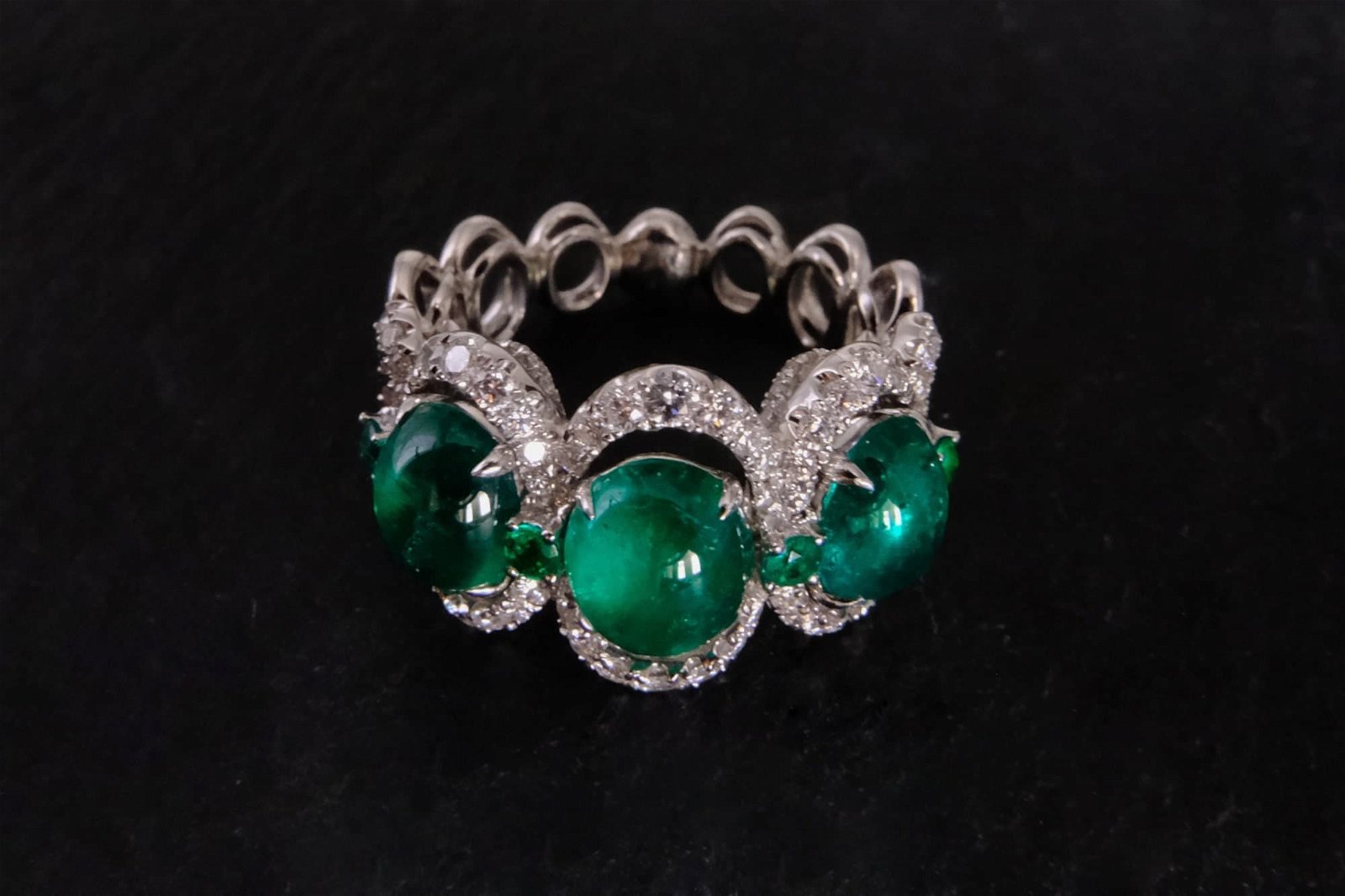 Gem Gardener, emerald three stone ring, three stone ring emerald diamond, wide emerald band ring, emerald cabochon ring, emerald statement ring, emerald ring singapore