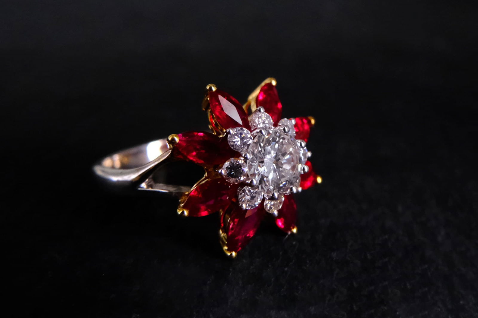 Gem Gardener, Ruby Diamond Flower Ring, ruby flower ring white gold, ruby diamond engagement ring, ruby ring singapore, red ruby ring singapore
