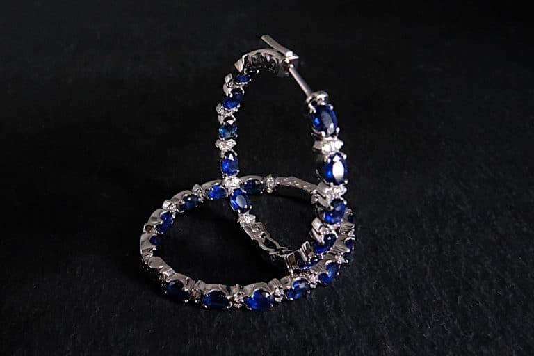 Gem Gardener, sapphire hoop earrings white gold, oval hoop earrings with diamonds, oval hoop earrings with stones, blue sapphire hoop earrings