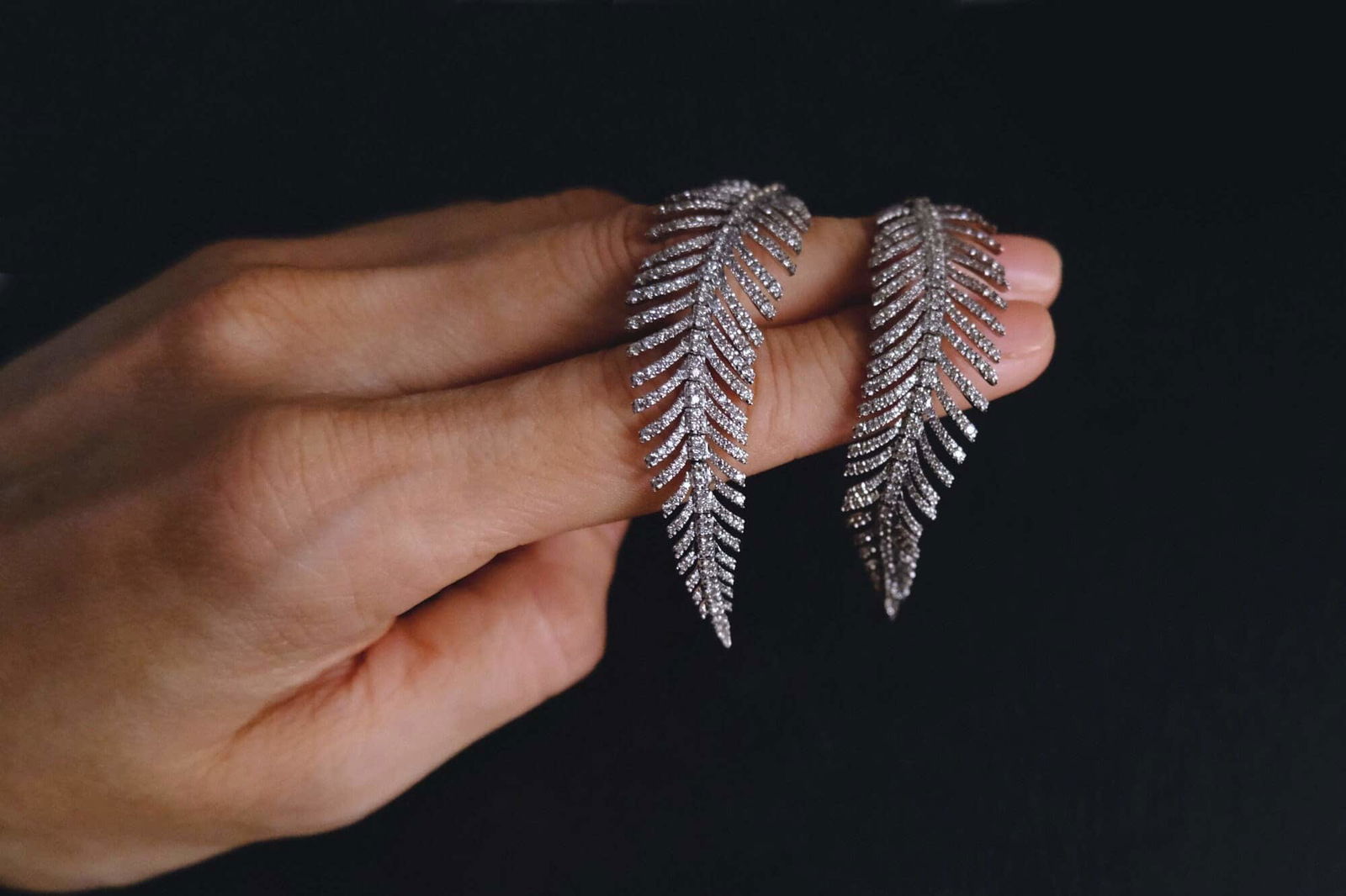 Gem Gardener, Diamond Feather Earrings Long, diamond chandelier earrings, feather diamond dangle earrings, long diamond earrings for sale, diamond dangling earrings singapore, diamond earrings singapore