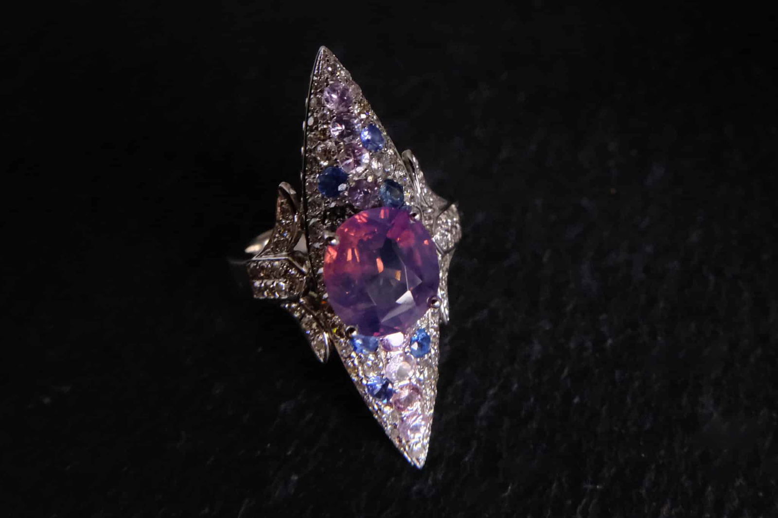 Gem Gardener, sapphire navette ring, lilac sapphire ring for sale, kashmir sapphire jewelry, purple sapphire ring with diamonds, lavender sapphire ring, sapphire ring singapore