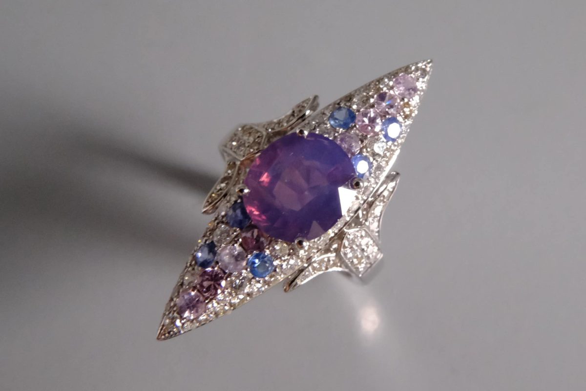 Gem Gardener, sapphire navette ring, lilac sapphire ring for sale, kashmir sapphire jewelry, purple sapphire ring with diamonds, lavender sapphire ring, sapphire ring singapore