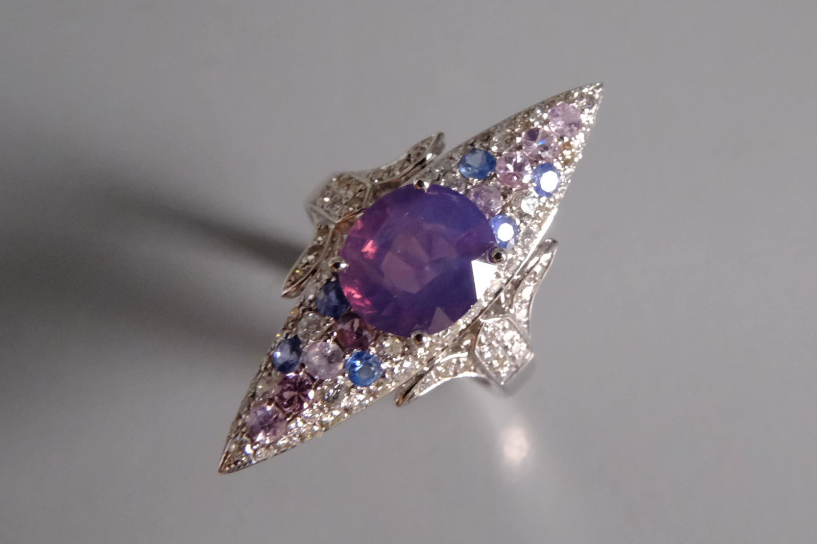 Gem Gardener, sapphire navette ring, lilac sapphire ring for sale, kashmir sapphire jewelry, purple sapphire ring with diamonds, lavender sapphire ring, sapphire ring singapore
