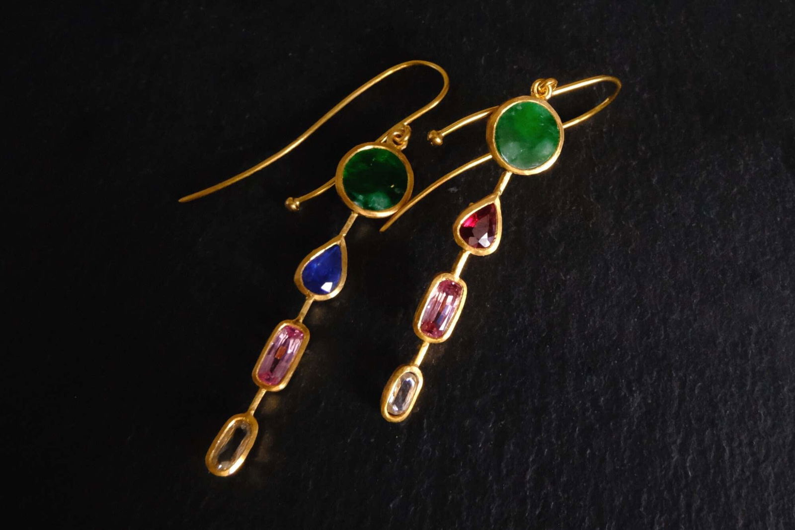 Gem Gardener, roman style gold earrings, medieval earrings, 24k gold dangle earrings, modernist gold earrings, handmade earrings singapore